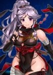  1girl absurdres breasts commission commissioner_upload earrings fire_emblem fire_emblem:_genealogy_of_the_holy_war hair_ornament highres ishtar_(fire_emblem) jewelry ninja non-web_source oniisan02b ponytail purple_eyes purple_hair skeb_commission thick_thighs thighs 