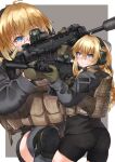  1girl absurdres ahoge assault_rifle ayyh bike_shorts black_shirt blonde_hair blue_eyes bulletproof_vest closed_mouth commission gloves green_gloves gun headset highres holding holding_gun holding_weapon indie_virtual_youtuber knee_pads long_hair long_sleeves military rifle second-party_source shirt smile solo sun virtual_youtuber weapon whiskey_project 