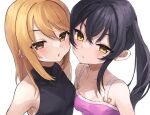  2girls armpits asymmetrical_docking beat_shooter_(idolmaster) black_hair blonde_hair blush breast_press breasts collarbone heads_together highres idolmaster idolmaster_cinderella_girls looking_at_viewer matoba_risa multiple_girls saba_suzuki shirt simple_background sleeveless sleeveless_shirt small_breasts straight_hair twintails white_background yellow_eyes yuuki_haru 