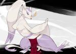  anthro areola biped bottomwear breasts clothed clothing eyes_closed feet female generation_5_pokemon hi_res kame_3 loincloth looking_down medium_breasts mienshao nintendo nipples pokemon pokemon_(species) purple_body simple_background solo toes topless topless_anthro topless_female white_body 