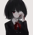  1girl absurdres another black_hair black_jacket blazer blood blood_on_clothes blood_on_face blood_on_hands bob_cut buttons closed_mouth collared_shirt crossed_bangs english_commentary expressionless eyepatch eyepatch_lift half-closed_eyes hand_on_own_face highres jacket medical_eyepatch misaki_mei neck_ribbon pale_skin red_eyes red_ribbon ribbon school_uniform shirt short_hair solo upper_body white_shirt yomiyama_north_junior_high_school_uniform zi_qi_xiang 