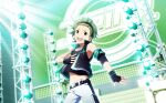  1boy belt black_hairband fingerless_gloves fingernails gloves green_eyes green_hair hairband highres idolmaster idolmaster_side-m idolmaster_side-m_live_on_stage! male_focus midriff mitarai_shouta navel official_art open_mouth teeth upper_teeth_only 