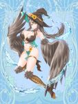  1girl aura_venefika bikini bird_legs blue_background braid breasts brown_bikini brown_hair brown_headwear brown_wings dairoku_ryouhei feathered_wings flower full_body harpy hat hat_flower highres large_breasts magic monster_girl navel pengin_guriko skindentation solo swimsuit tattoo thigh_strap twin_braids water winged_arms wings witch_hat 