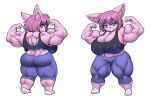  anthro bangs big_breasts blue_eyes bottomwear breasts clothing female flexing footwear fur hair inner_ear_fluff league_of_legends looking_back muscular muscular_female pink_body pink_fur pink_hair pink_inner_ear_fluff pink_nose riot_games rizz_(lol) sheepepp shirt simple_background smile solo teeth topwear torn_clothing torn_shirt torn_topwear tuft white_background yordle 