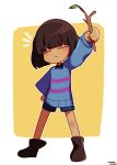 1other arm_up artist_name blue_shorts blue_sweater bob_cut boots brown_footwear closed_eyes closed_mouth commentary_request dark_skin dated frisk_(undertale) hand_on_own_hip highres holding holding_stick korean_commentary leaf notice_lines outline outside_border pink_sweater short_hair short_shorts shorts signature spread_legs standing stick sweater two-tone_sweater undertale v-shaped_eyebrows white_outline wongang yellow_background 