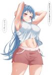  1girl absurdres armpits arms_behind_head arms_up bare_arms bare_shoulders blue_hair blush breasts closed_mouth cowboy_shot high_ponytail highres kawasaki_saki large_breasts light_(lightpicture33) long_hair loungewear midriff navel pink_scrunchie purple_eyes red_shorts scrunchie shirt shirt_overhang shorts simple_background solo speech_bubble standing t-shirt tented_shirt thighs translated white_background white_shirt yahari_ore_no_seishun_lovecome_wa_machigatteiru. 