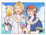  2boys :d alear_(fire_emblem) alear_(male)_(fire_emblem) amber_(fire_emblem) blonde_hair blue_hair blue_sky bracelet closed_eyes cocktail_glass cup drink drinking_glass fire_emblem fire_emblem_engage flower highres jewelry kuhaha male_focus multicolored_hair multiple_boys open_clothes open_mouth open_shirt red_hair shirt short_hair sky smile sommie_(fire_emblem) teeth two-tone_hair upper_teeth_only 
