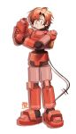  1boy absurdres arm_cannon cable cable_tail cosplay frown highres holostars holostars_english machina_x_flayon male_focus mechanical_tail mega_man_(series) mega_man_legends mega_man_volnutt mega_man_volnutt_(cosplay) orange_eyes pktmgs red_armor signature tail weapon white_background 