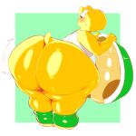  2017 ambiguous_gender anthro big_butt blush bottomless butt clothed clothing digital_media_(artwork) green_background green_eyes hi_res huge_butt koopa koopa_troopa mario_bros motion_lines nintendo scalie shell shell-less shirt simple_background solo tail tank_top thick_thighs topwear trinity-fate62 wide_hips 