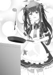  1girl :d absurdres apron blue_archive blunt_bangs commentary_request cooking demon_girl demon_horns frilled_apron frills frying_pan fuuka_(blue_archive) greyscale halo headwear_request highres holding holding_frying_pan holding_ladle horns indoors kitchen ladle long_hair long_sleeves looking_at_viewer monochrome nekokan pleated_skirt sidelocks simple_background skirt smile solo twintails 