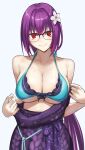  1girl absurdres bare_shoulders bikini breasts cleavage collarbone dress fate/grand_order fate_(series) flower glasses green_bikini hair_between_eyes hair_flower hair_ornament hair_scrunchie highres kugiseiichi large_breasts long_hair looking_at_viewer off_shoulder ponytail purple_dress purple_hair red_eyes scathach_(fate) scathach_skadi_(fate) scathach_skadi_(swimsuit_ruler)_(fate) scathach_skadi_(swimsuit_ruler)_(final_ascension)_(fate) scathach_skadi_(swimsuit_ruler)_(second_ascension)_(fate) scrunchie smile solo sweater sweater_dress swimsuit 