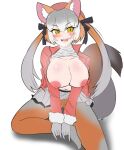  1girl absurdres animal_ears blazer blush breasts brown_eyes brown_hair extra_ears ezorinx fox_ears fox_girl fox_tail gloves grey_hair hat highres island_fox_(kemono_friends) jacket kemono_friends large_breasts long_hair looking_at_viewer multicolored_hair nipples pantyhose ribbon simple_background skirt solo tail turtleneck twintails two-tone_hair 
