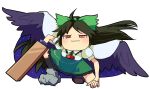  1girl ahoge arm_cannon asymmetrical_footwear bird_wings black_hair black_socks black_wings blush bow breasts brown_footwear cape closed_mouth collared_shirt commentary_request control_rod frilled_shirt_collar frilled_skirt frills full_body green_bow green_skirt hair_bow highres hospital_king long_hair looking_at_viewer medium_bangs medium_breasts mismatched_footwear puffy_short_sleeves puffy_sleeves red_eyes reiuji_utsuho shirt shoes short_sleeves simple_background single_shoe skirt smile socks solo starry_sky_print superhero_landing third_eye touhou weapon white_background white_cape white_shirt wings yukkuri_shiteitte_ne 