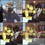  1:1 absurd_res acidwuff anthro artist_name black_clothing black_topwear blue_nose blue_tongue brown_eyes brown_hair canid cheek_tuft clothed clothing duo ear_piercing ear_ring eyewear facial_piercing facial_tuft fangs fur glasses grey_body grey_clothing grey_fur grey_hoodie grey_topwear group hair hi_res hoodie male mammal mouth_closed multiple_piercings narrowed_eyes neck_tuft nose_piercing nose_ring open_mouth piercing pink_eyes ring_piercing septum_piercing septum_ring short_hair teeth tongue topwear trio tuft wearing_glasses white_body white_fur yellow_body yellow_fur 