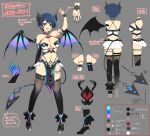  1girl asymmetrical_gloves asymmetrical_legwear bat_wings black_choker black_horns blue_eyes blue_hair blunt_bangs blush bowl_cut breasts choker cleavage color_guide demon_girl demon_horns demon_tail demon_wings elbow_gloves flower gloves hair_flower hair_ornament high_heels highres horns large_breasts loincloth looking_at_viewer microskirt mismatched_legwear navel official_alternate_costume official_art open_mouth reference_sheet revealing_clothes senran_kagura senran_kagura_new_link senran_kagura_shinovi_versus short_hair skirt smile solo tail thigh_strap thighhighs translation_request wings yaegashi_nan yozakura_(senran_kagura) 