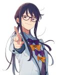  1girl bow bowtie cardigan finger_gun glasses hair_tie highres imigimuru jacket looking_at_viewer low_twintails make_heroine_ga_oo_sugiru! open_clothes open_jacket parted_bangs purple-framed_eyewear purple_bow purple_eyes purple_hair purple_sweater raised_eyebrow sidelocks smug solo sweater tsukinoki_koto twintails white_background white_jacket yellow_bow 