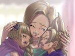  1boy 2girls bianca_(dq5) blonde_hair blunt_bangs blurry blurry_background bow braid brother_and_sister bruise cloak closed_eyes collarbone commentary_request crying dragon_quest dragon_quest_v dress earrings green_bow green_dress hair_bow hand_on_another&#039;s_head hero&#039;s_daughter_(dq5) hero&#039;s_son_(dq5) highres indoors injury jewelry long_hair low_ponytail mother&#039;s_day mother_and_daughter mother_and_son multiple_girls neck_ring open_mouth parted_lips pink_cloak purple_cloak ring short_hair siblings single_braid spiked_hair stud_earrings tears twins upper_body yuto_sakurai 