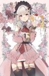  1girl black_thighhighs blonde_hair blush bouquet character_request clothing_cutout commentary dress final_fantasy final_fantasy_xiv highres holding holding_bouquet long_hair mokokoiro pink_dress pink_nails purple_eyes shoulder_cutout smile solo symbol-only_commentary thighhighs 