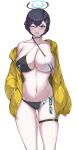  1girl ;o absurdres bikini black_hair blue_archive blush breasts chihiro_(blue_archive) cowboy_shot eyewear_hang green_eyes hair_ornament hairclip halo hand_in_pocket highres hood hooded_jacket jacket large_breasts looking_at_viewer mole mole_on_breast mole_on_thigh navel one_eye_closed open_clothes open_jacket short_hair simple_background skindentation skyhood stomach swimsuit thigh_strap thighs unworn_eyewear white_background yellow_jacket 