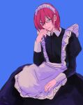  1boy apron blue_background blue_eyes closed_mouth crossdressing ensemble_stars! expressionless glasses head_rest long_sleeves maid maid_apron maid_headdress nobushi_brrr pink_hair saegusa_ibara short_hair sketch solo 