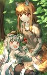  2girls absurdres animal_ears apple brown_hair cup dress fang food fruit grey_dress headpat highres holo lap_pillow long_dress long_hair long_sleeves looking_at_viewer lying_on_person mug multiple_girls myuri_(spice_and_wolf) outdoors red_eyes skin_fang spice_and_wolf ssalyun tail white_hair wolf_ears wolf_girl wolf_tail 