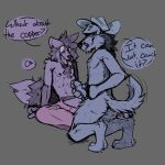  1:1 anthro canid canine canis chaps clothing cowboy_hat dialogue digital_media_(artwork) domestic_dog duo english_text erection foreskin frottage fur genitals hair hat headgear headwear hi_res male male/male mammal napkinthief nervous nipples nude open_mouth penis procyonid raccoon sex smile snyder_(sketchytoasty) text 