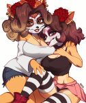  2023 accessory alyssa_bandicoot_(oc) anthro bandicoot big_breasts bodypaint bottomwear breasts brown_eyes brown_hair choker clothing crop_top day_of_the_dead duo ear_piercing ear_ring face_paint fan_character female flower flower_in_hair hair hair_accessory hand_on_chest hand_on_shoulder hi_res jewelry legwear looking_at_viewer magaska19 mammal marsupial mia_bandicoot_(oc) midriff navel necklace pants pattern_clothing pattern_legwear piercing plant ring_piercing shirt short_hair shorts skirt striped_clothing striped_legwear stripes topwear 