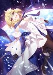  1girl arcueid_brunestud bare_shoulders black_gloves blonde_hair blue_skirt blush breasts brown_pantyhose cleavage commentary_request detached_sleeves dress fate/grand_order fate_(series) flower gabiran gloves hair_flower hair_ornament highres large_breasts long_skirt looking_at_viewer multicolored_clothes multicolored_skirt open_mouth pantyhose red_eyes short_hair skirt smile solo thighs tsukihime white_dress white_skirt 