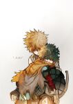  2boys absurdres alternate_hair_color artist_name bakugou_katsuki bandaged_arm bandages black_pants blonde_hair blush bodysuit boku_no_hero_academia cape catching character_name closed_eyes commentary_request curly_hair dirty dirty_clothes gloves gradient_hair green_bodysuit green_gloves green_hair grey_gloves hair_between_eyes highres jackeelart knee_pads leaning_on_person male_focus messy_hair midoriya_izuku multicolored_hair multiple_boys orange_gloves pale_skin pants redrawn short_hair simple_background single_bare_shoulder sleeveless spanish_commentary spiked_hair spoilers standing talking torn_cape torn_clothes torn_gloves torn_sleeve two-tone_gloves underlighting upper_body white_background yellow_cape 