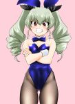  1girl absurdres anchovy_(girls_und_panzer) animal_ears ass_visible_through_thighs black_pantyhose blue_bow blue_bowtie blue_leotard bow bowtie breasts brown_eyes cleavage commentary_request cowboy_shot crossed_arms detached_collar drill_hair fishnet_pantyhose fishnets girls_und_panzer green_hair grin highres leotard long_hair looking_at_viewer medium_breasts nanao_futaba pantyhose pink_background playboy_bunny rabbit_ears simple_background smile solo strapless strapless_leotard twin_drills twintails wrist_cuffs 