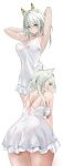  1girl animal_ears arknights armpits arms_up ass bare_arms bare_shoulders blazingchaos breasts cat_ears cleavage closed_mouth extra_ears green_eyes grey_hair highres kal&#039;tsit_(arknights) large_breasts leaning_forward long_hair looking_at_viewer multiple_views negligee simple_background white_background 