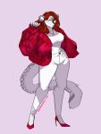 2023 anthro artist_name blep bottomwear breasts button_(fastener) clawed_fingers claws clothed clothing colored dated digital_drawing_(artwork) digital_media_(artwork) ear_piercing ear_ring facial_markings facial_tuft felid female fluffy footwear fur fur_markings goddamnitrobin green_eyes grey_body grey_fur hair hair_over_eye head_markings hi_res high_heels jacket jewelry kalae_lumiste leopard_spots lidded_eyes looking_at_viewer mammal markings midriff necklace one_eye_obstructed pantherine pants piercing red_clothing red_hair ring_piercing shirt simple_background smile snow_leopard solo spots tail tongue tongue_out topwear tuft tufted_ears tufted_fur white_body white_clothing white_fur 
