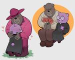  2023 anthro bear black_nose bottomwear brown_body clothing duo embrace eyes_closed eyewear glasses hat headgear headwear hi_res hug male mammal meshpuyis padre_(unicorn_wars) pants purple_body sargento_caricias shirt sitting topwear unicorn_wars 