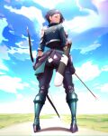  1girl arrow_(projectile) black_choker black_gloves black_pants blue_hair bow_(weapon) breasts choker clenched_hand cloud commentary_request fire_emblem fire_emblem:_three_houses from_behind gloves green_footwear green_vest holding holding_arrow holding_bow_(weapon) holding_weapon large_breasts looking_at_viewer outdoors pants purple_eyes quiver shamir_nevrand short_hair vest weapon yanmarson 