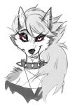  anthro arm_tuft arylena bangs bare_shoulders black_nose breasts bust_portrait canid canid_demon cheek_tuft collar cut_ear demon ear_piercing eyebrow_through_hair eyebrows eyelashes eyeliner facial_tuft fangs female fur grey_body grey_fur grey_hair hair harness hellhound helluva_boss hi_res long_hair looking_at_viewer loon loona_(helluva_boss) makeup mammal multicolored_body multicolored_fur pentagram pentagram_harness piercing portrait pupils red_sclera sharp_teeth simple_background smile solo spiked_collar spikes teeth translucent translucent_hair tuft two_tone_body two_tone_fur white_background white_body white_fur white_pupils 