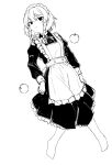  1girl apron braid closed_mouth dress full_body greyscale highres izayoi_sakuya long_sleeves maid maid_headdress monochrome side_braids solo touhou twin_braids yonoisan 