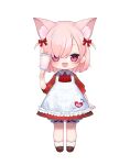  1girl absurdres animal_ear_fluff animal_ears apron bloomers blush bow brown_footwear cat_ears cat_girl character_name collared_dress dress female_child frilled_apron frills full_body hair_bow hand_up heart highres holding holding_rattle loafers looking_at_viewer medium_hair mitsurugi_lia name_tag official_art open_mouth pink_eyes pink_hair puffy_short_sleeves puffy_sleeves rattle red_bow red_dress second-party_source shoes short_sleeves simple_background smile socks solo takehana_note two_side_up underwear wactor_production white_apron white_background white_bloomers white_socks 