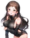 1girl bare_shoulders black_sweater blush breasts brown_eyes brown_hair commentary_request detached_sleeves dress halterneck highres idolmaster idolmaster_million_live! kitazawa_shiho large_breasts leaning_forward long_hair looking_at_viewer meme_attire naked_sweater open_mouth parted_bangs qianlou_(qianlou12374) ribbed_sweater sideboob simple_background sleeveless sleeveless_sweater sleeveless_turtleneck sleeves_past_wrists solo sweat sweater sweater_dress turtleneck turtleneck_sweater virgin_killer_sweater white_background 