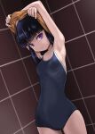  1girl armpits arms_up black_hair black_one-piece_swimsuit blunt_bangs breasts commentary_request competition_school_swimsuit cowboy_shot highres looking_at_viewer one-piece_swimsuit original purple_eyes rohitsuka school_swimsuit short_hair skeleton small_breasts solo swimsuit tile_wall tiles undressing 