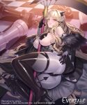  1girl artist_name ass between_breasts between_legs blonde_hair breasts commentary_request company_connection company_name copyright_name cuboon evertale hair_ornament highres large_breasts leotard logo loki_(evertale) long_hair official_art scythe simple_background solo weapon yellow_eyes 