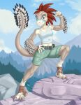  anthro arm_feathers athletic athletic_female barefoot belt biceps blue_eyes bottomwear breasts brian_mcpherson clothed clothing cloud crop_top day dinosaur dromaeosaurid feathered_arms feathered_crest feathered_dinosaur feathers feet female flexing foot_wraps forest head_crest midriff mountain muscular muscular_arms muscular_female muscular_legs navel outside plant pose reptile rock scalie shirt shorts sky smile solo tail_feathers theropod topwear tree velociraptor wraps 