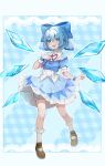  1girl bloomers blue_bow blue_dress blue_eyes blue_hair blush bow brown_footwear cirno detached_wings dress fairy frilled_dress frills full_body hair_between_eyes hair_bow highres ice ice_wings murumuru_(pixiv51689952) open_mouth puffy_short_sleeves puffy_sleeves red_ribbon ribbon shoes short_hair short_sleeves smile socks solo touhou underwear white_bloomers white_socks wings 