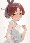  1girl alternate_costume bare_shoulders breasts brown_eyes brown_hair dress highres kantai_collection looking_at_viewer ponytail sakieko shikinami_(kancolle) short_hair small_breasts smile solo strapless strapless_dress upper_body white_background white_dress 