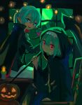  2girls aqua_hair black_cape black_shirt blue_eyes candle cape closed_mouth feet_out_of_frame from_side green_hair hair_between_eyes halloween highres holding holding_scythe hood hood_up indoors jack-o&#039;-lantern long_sleeves looking_at_viewer looking_to_the_side multiple_girls nagomi_(_nagomi_) open_mouth original pointy_ears pumpkin red_eyes scythe shirt sitting wide_sleeves window 