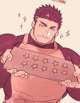  1boy alternate_costume apron bara bright_pupils brown_theme expressionless facial_hair holding holding_plate large_pectorals light_blush male_focus mature_male monochrome muscular muscular_male pectorals plate po_fu short_hair sideburns solo sparkle stubble tokyo_afterschool_summoners upper_body zabaniyya_(housamo) 