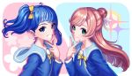  bangs blue_eyes blue_hair blue_sailor_collar blue_serafuku commentary green_eyes grin half_updo highres hirogaru_sky!_precure long_sleeves nijigaoka_mashiro pink_hair precure sailor_collar school_uniform serafuku shrimp1634 side_ponytail single_sidelock smile sora_harewataru swept_bangs v_over_mouth 