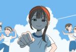  1girl blue_eyes blue_shorts blue_sky brown_hair clenched_hand closed_mouth cloud gym_uniform headband highres light_blush looking_at_viewer medium_hair original outdoors people pov red_headband shirt short_sleeves shorts sky smile solo_focus upper_body wakaba_maekawa white_shirt 