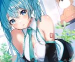  1girl :o absurdres anzu_(x_anzu_ill) aqua_necktie arm_tattoo bare_shoulders bent_over black_skirt black_sleeves blue_eyes blue_hair blurry blurry_background blush breasts button_gap collared_shirt commentary crossed_bangs detached_sleeves hair_between_eyes hatsune_miku highres indoors large_breasts long_hair looking_at_viewer necktie number_tattoo parted_lips partially_unbuttoned plant pleated_skirt shelf shirt signature skirt sleeveless sleeveless_shirt solo stuffed_animal stuffed_toy symbol-only_commentary tattoo teddy_bear tie_clip twintails very_long_hair vocaloid white_shirt window 