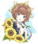  1girl blue_eyes blue_overalls blush braid breasts crown_braid fate/grand_order fate_(series) flower hat kino_kokko long_hair looking_at_viewer open_mouth orange_hair overalls puffy_sleeves side_braid small_breasts smile solo straw_hat sunflower van_gogh_(fate) yellow_headwear 