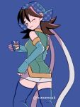  1girl ;) bandana bare_shoulders blue_background blue_bandana blue_thighhighs blush brown_eyes brown_hair card closed_mouth elbow_gloves eyelashes fingerless_gloves gloves green_gloves green_vest holding holding_card hsngamess long_hair looking_back mint_(pokemon) one_eye_closed pokemon pokemon_(game) pokemon_tcg_gb simple_background skirt smile solo thighhighs twitter_username vest watermark white_skirt 